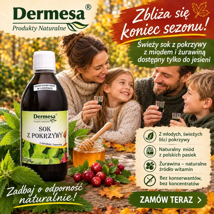 Sok z pokrzywy z miodem i żurawiną 500ml niepasteryzowany